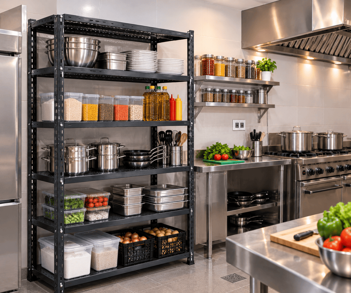 Black kitchen shelf rack stocked with cookware, containers, and pantry jars in a commercial kitchen.
