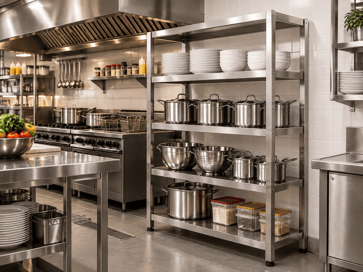 Stainless steel kitchen rack in a commercial kitchen, holding stacked plates, bowls, stockpots, a colander, and food storage containers, with a cooking range and extraction hood behind it.