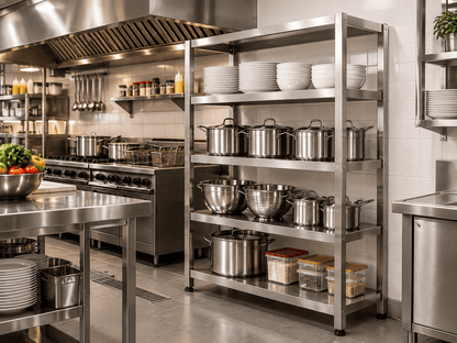 Stainless steel kitchen rack in a commercial kitchen, holding stacked plates, bowls, stockpots, a colander, and food storage containers, with a cooking range and extraction hood behind it.