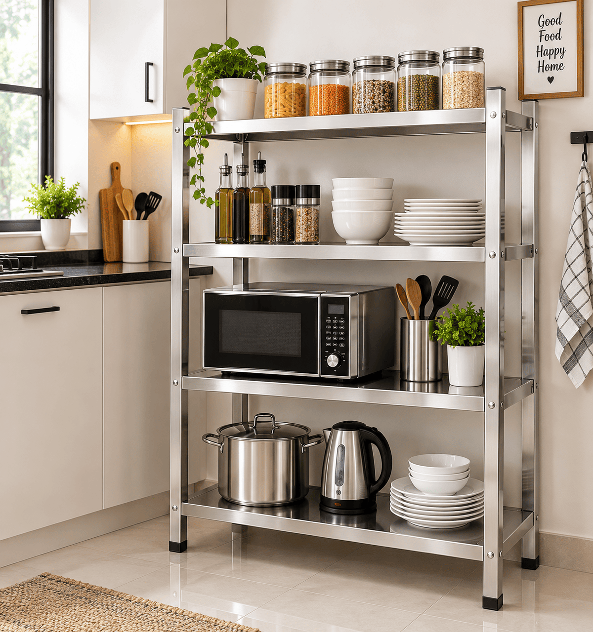 Stainless steel multi-tier kitchen rack holding jars, bowls, plates, a microwave, pots, and a kettle in a home kitchen.