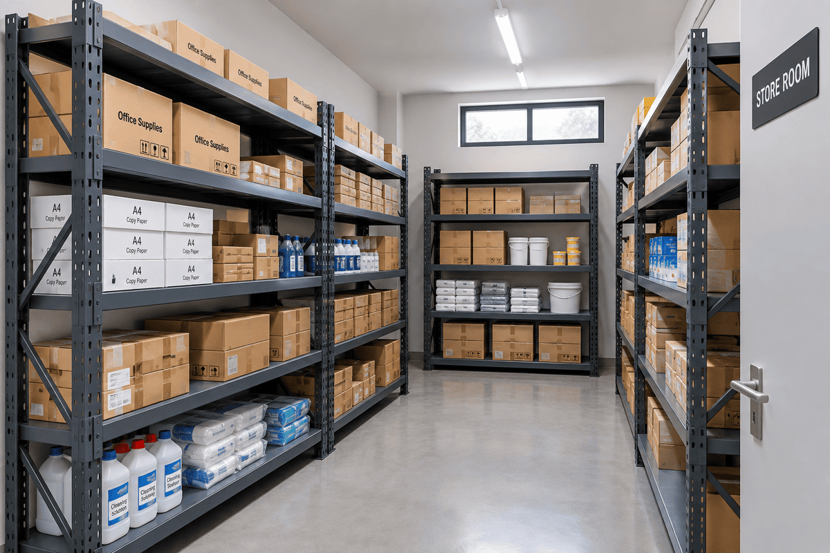 Gray heavy duty store racks in a storeroom holding boxes, bins, and supplies on multiple shelves.