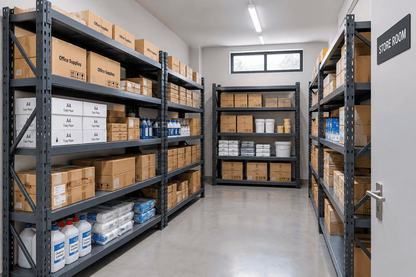 Gray heavy duty store racks in a storeroom holding boxes, bins, and supplies on multiple shelves.