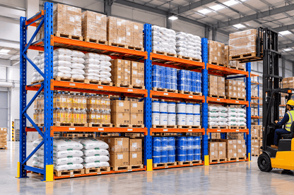 Blue and orange selective pallet racks loaded with boxes, sacks, bottles, and drums, with a forklift placing a pallet in a warehouse.