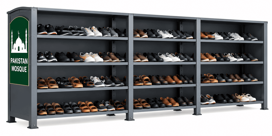 Gray mosque shoe rack with four shelves holding sneakers, sandals, and dress shoes, with a green “Pakistan Mosque” side panel.