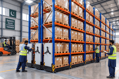 Warehouse workers operating blue and orange mobile pallet racks on moving bases, with a forklift in the background.