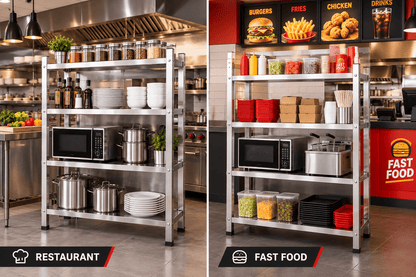 Stainless steel multi-tier kitchen racks stocked with cookware, containers, and supplies in a restaurant kitchen and a fast food counter.