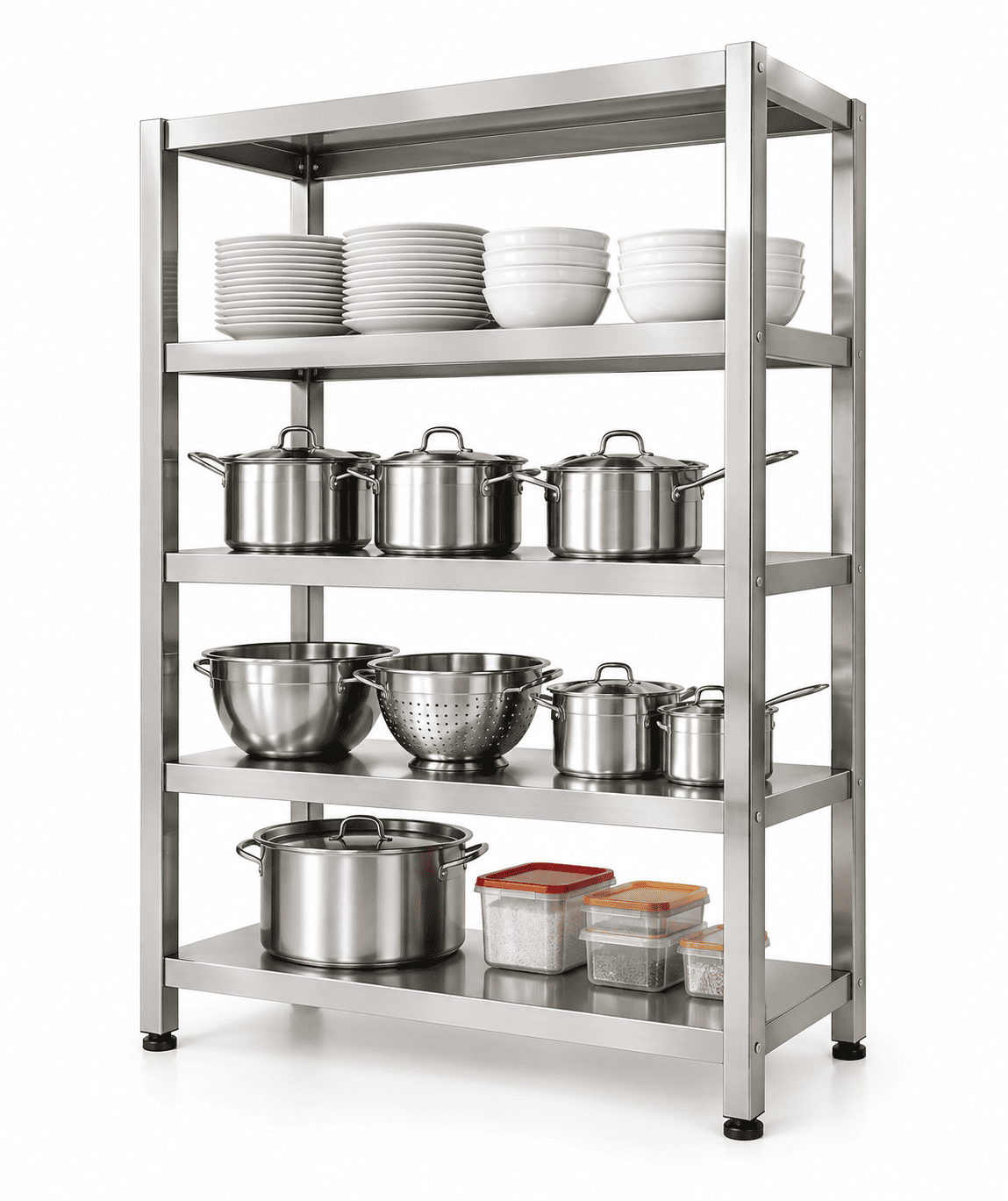 Five-tier stainless steel kitchen rack holding plates, bowls, pots, a colander, and food containers, shown against a white background.