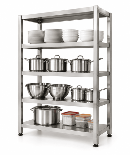 Five-tier stainless steel kitchen rack holding plates, bowls, pots, a colander, and food containers, shown against a white background.