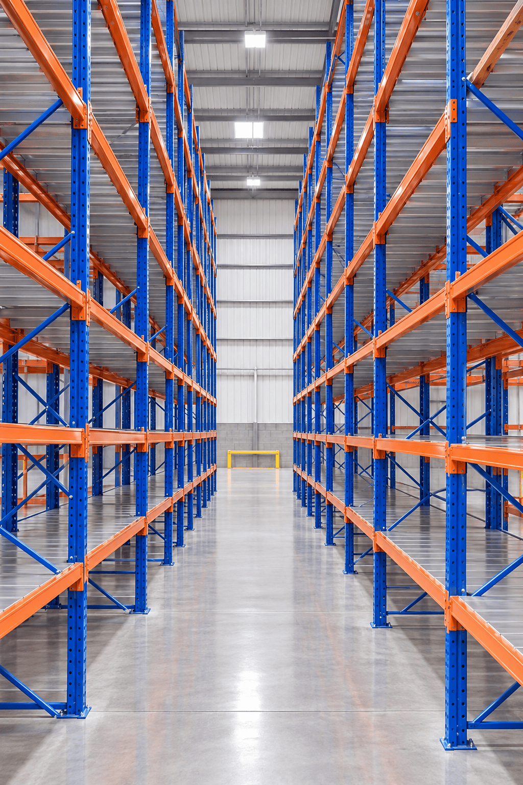 Empty blue and orange very narrow aisle pallet racks lining a long warehouse aisle.