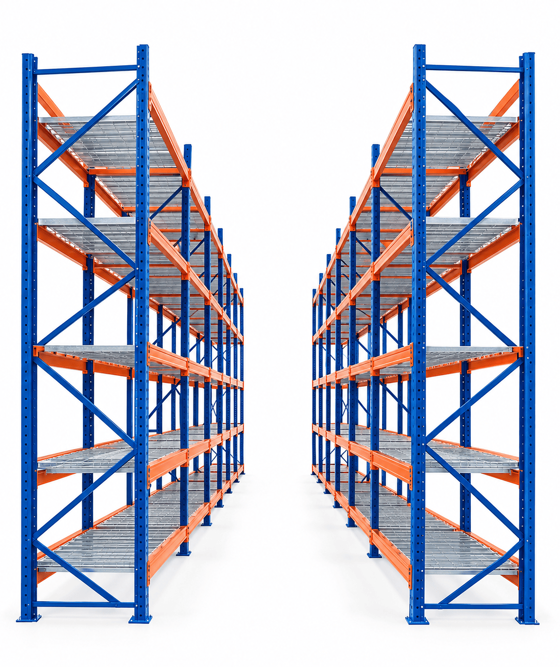Two rows of tall blue and orange narrow aisle pallet racks with wire mesh decking facing each other against a plain white background.