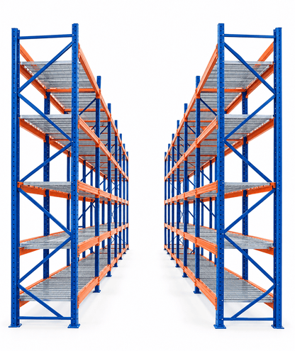 Two rows of tall blue and orange narrow aisle pallet racks with wire mesh decking facing each other against a plain white background.