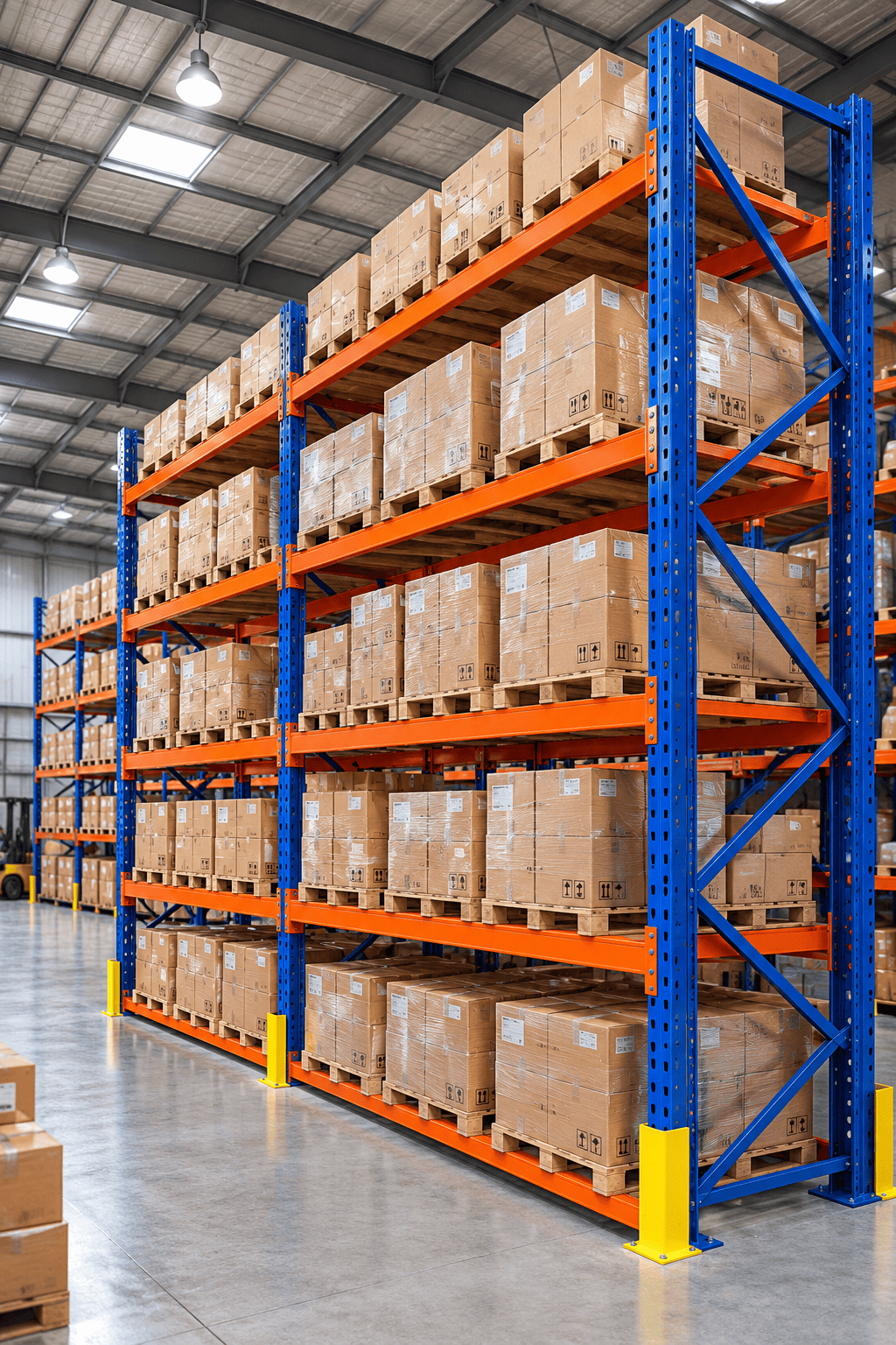 Blue and orange heavy duty warehouse racks filled with boxed pallets in a large warehouse aisle.