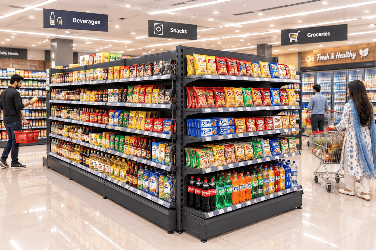 Shoppers browsing black double-sided supermarket shelf racks stocked with chips, biscuits, sauces, and soft drinks in a supermarket aisle.