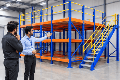Two men discussing an empty blue and orange mezzanine pallet rack with yellow railings and a staircase in a warehouse