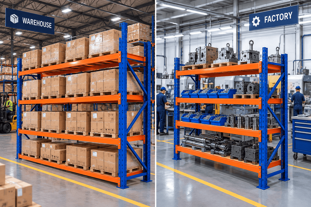 Blue and orange heavy duty storage racks in a warehouse holding boxed goods and in a factory holding machinery parts