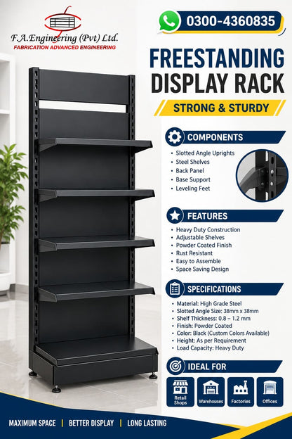 A promotional graphic for a freestanding black metal display rack, showing the rack on the left and marketing text, components, features, specifications, and usage icons on the right. The product is shown against a white background with a small plant and wall visible at the far left.