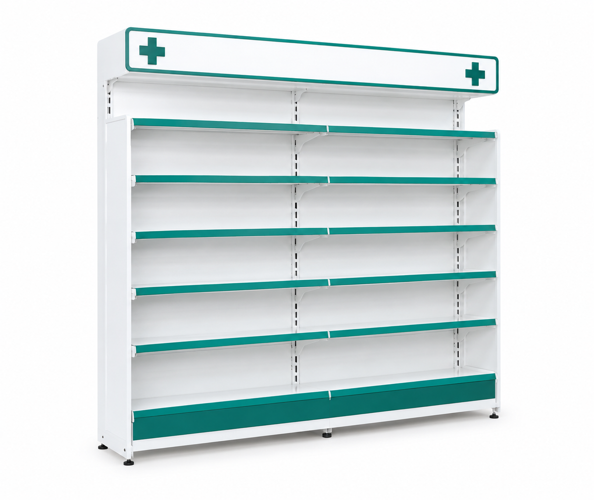 Empty white and teal medicine display shelf with five levels and a green cross sign on top.