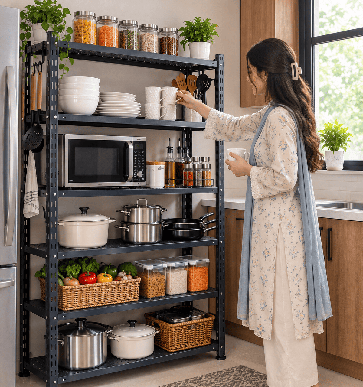 Woman reaching for a bowl on a black kitchen storage rack filled with cookware, jars, and baskets in a home kitchen.