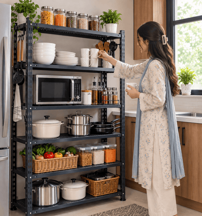 Woman reaching for a bowl on a black kitchen storage rack filled with cookware, jars, and baskets in a home kitchen.