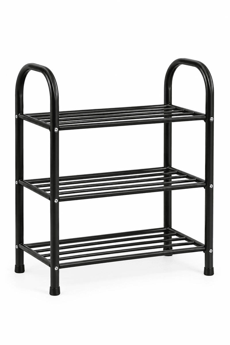 Black 3-tier metal shoe rack with curved top handles and slatted shelves.

