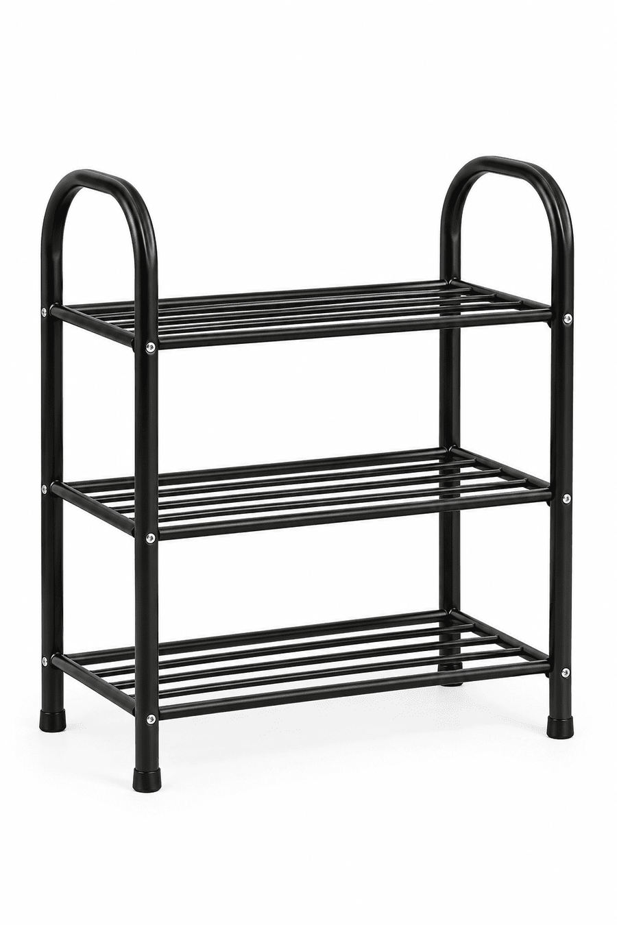 Black 3-tier metal shoe rack with curved top handles and slatted shelves.

