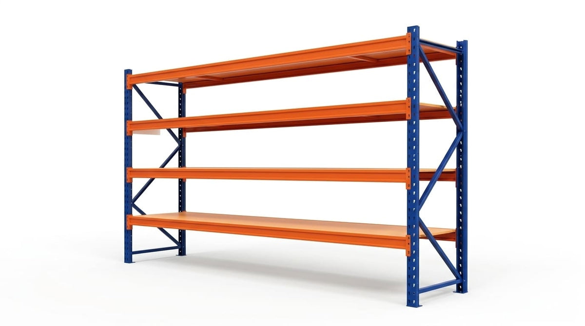 A four-tier warehouse storage rack with orange shelves and blue steel side supports, shown on a plain white background.